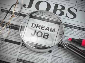 Dream job concept. Job search and employment. Magnified glass with job classified ads in newspaper, 3d illustration
