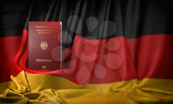 German passport on the flag of Germany. Getting a german passport,  naturalization and immigration concept. 3d illustration