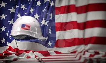 White hard hat laying over USA flag. Construction and employment in United States USA concept, Labor day. 3d illustration