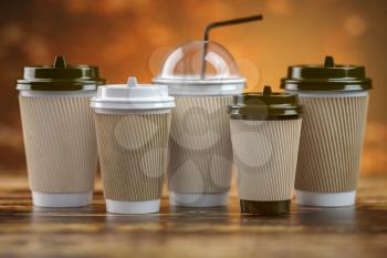 Set of coffee paper cups.Mockup template for cafe shop. Differnt types of coffee. 3d illustration