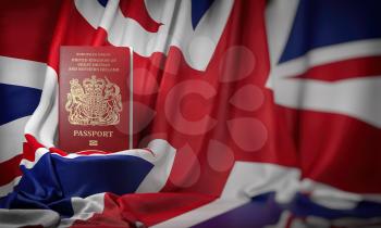 British passport on the flag of the UK United Kingdom. Getting a UK Great Britain passport,  naturalization and immigration concept. 3d illustration