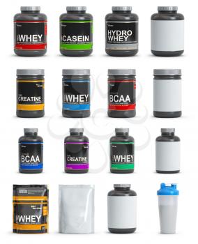Sport nutrition containers. Set of templates of jars and packs of differnt types. Whey, bcaa and creatine. 3d illustration