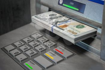 ATM machine and dollars. Withdrawing  dollar banknotes. 3d illustration