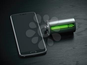 Charging of a mobile phone battery concept.  Smartphone and battery charge indicator on black wooden table. 3d illustration