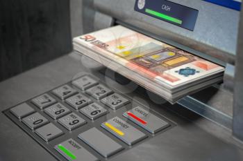ATM machine and euro. Withdrawing  50 euro banknotes. Banking concept. 3d illustration