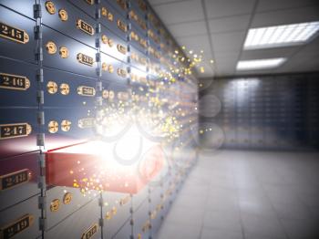 Glowing cell in safe deposit box room. Banking concept. 3d illustration
