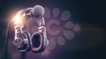 Microphone and headphones..Audio, music, multimedia background. 3d illustration