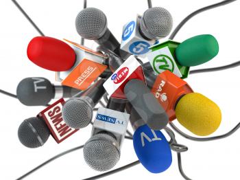Press conference or interview, Microphones of the different maxx media, tv, radio isolated on white background. 3d illustration