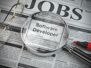 Software developer vacancy in the ad of job search newspaper with loupe. 3d illustration