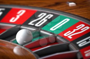 Casino roulette wheel with sector zero and white ball. Closeup. 3d illustration
