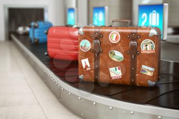 Old vintage suitcase on a airport luggage conveyor belt. Baggage claim. Travel and tourism concept background. 3d illustration