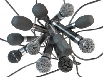 Many microphones isolated on white. Press conference or interview concept background. 3d illustration