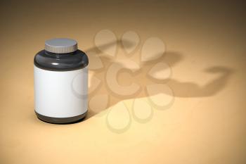 Sports  nutrition supplements for bodibuilding. Whey protein with a shadow of bodibuilder. 3d illustration
