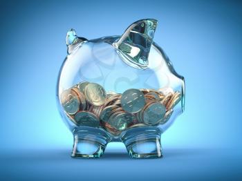 Glass piggy bank and coins with dollar sign on blue background. Deposit, savings money and investment concept. 3d illustration
