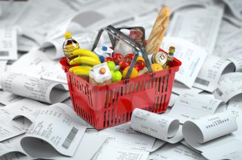 Shopping basket with foods on the pile of receipt.   Consumerism and grocery expenses budget. 3d illustration