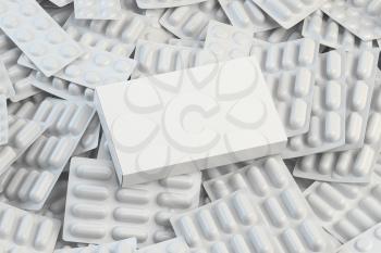 Blank white box for pills on the pile of white blisters of pills and capsules. Medical mockup. 3d illustration