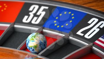 Earth as a ball of casino roulette with european union EU flag in winning number. Time of world leadership of EU and winning in world trade war concept, 3d illustration