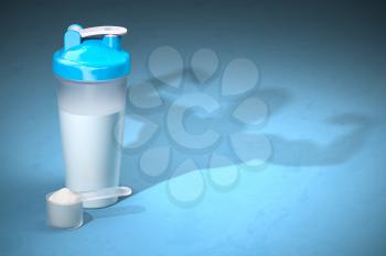 Shaker with whey protein and shadow of bodibuilder. Sports  nutrition supplements for bodibuilding. 3d illustration