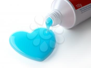 Toothpaste in the shape of heart coming out from toothpaste tube. Brushing teeth dental concept. 3d illustration