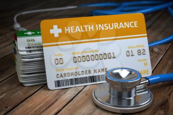 Health care medical Insurance card  and stethoscope as a symbol of  medicine on the wood background. 3d illustration