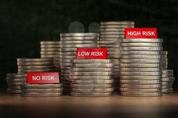Investment and level of risk concept. Coins of dollar and  no risk, low and hogh risk signs. 3d illustration