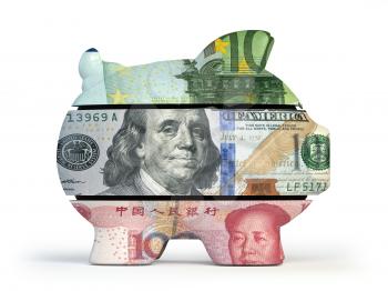 Piggy bank with dollar yuan and euro currency. Savings and investment in different currency concept. 3d illustration