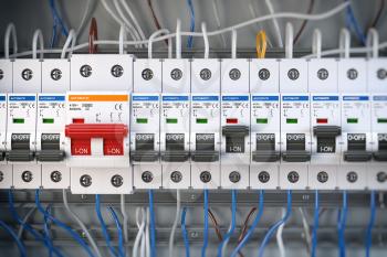 Automatic circuit brakers in a row. Electric switches in fusebox. 3d illustration