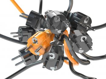 Unique orange electric plug in the heap of a black plugs. Leadership, competition, unique and unicity concept. 3d illustration