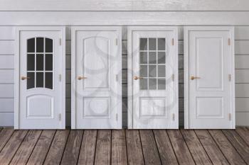 White doors of different types on white wooden background. 3d illustration