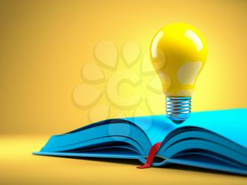 Yellow light bulb on the blue open book. Idean and creativity concept background. 3d illustration