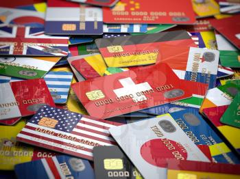 Many credit cards of a different  countries. Opening a bank account in any country of the world.  3d illustration