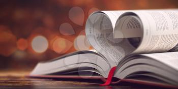 Book with opened pages in form of heart. Reading, religion and love concept.  3d illustration