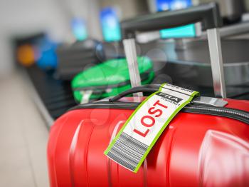 Suitcase with lost sticker on an airport baggage conveyor or baggage claim transporter. 3d illustration