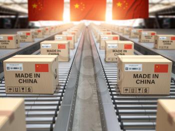 Made in China. Cardboard boxes with text made in China and chinese flag on the roller conveyor. 3d illustration