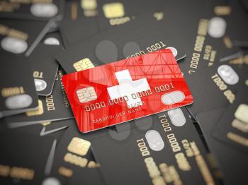 Credit card of swiss bank on the heap of other different black cards. Opening a bank account in Switzerland. 3d illustration