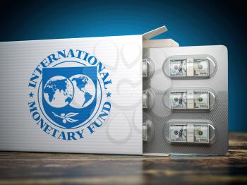 IMF International Monetary Fund tranches concept. Pack of dollars as pills in blister pack. 3d illustration
