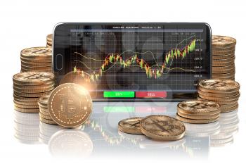 Smartphone with Bitcoin coins. Bitcoin cryptocurrency exchange mobile trading platform. 3d illustration