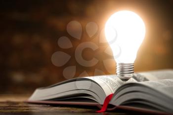 Light bulb on the  open book. Idea and creativity concept background. 3d illustration