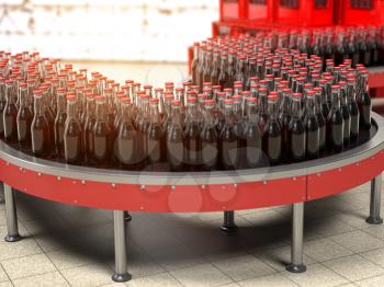 Production of soda beverages or cola.  A row of bottles on conveyor belt in factory. 3d illustration