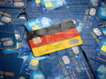 Credit card ofgerman bank on the heap of other different cards. Opening a bank account in Germany. 3d illustration