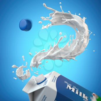Milk splash in form of question mark and packaging of tetra pack or carton box. FAQ on the choice of milk and its properties concept. 3d illustration