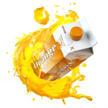 Orange juice carton cardboard box and splashon orange juice isolated on white, 3d illustration