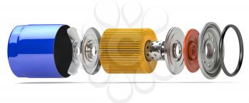 Car oil filter isolated on white. Exploded view. 3d illustration