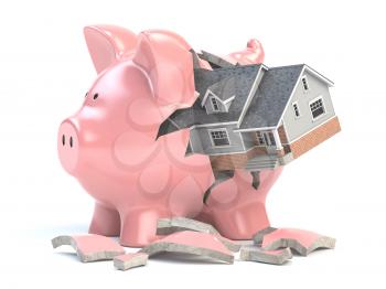 Saving to buy a house. Piggy bank and house. Home savings concept. 3d illustration