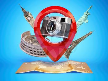 Photo geo tag concept. Camera in pin pointer with famous places and world map. Travel and tourism concept. 3d illustration