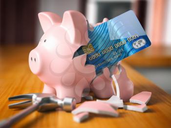 Piggy bank with credit card. Home budget, savings, banking concept. 3d illustration