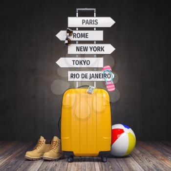 Yellow suitcase and signpost with travel destination.Tourism and  travel concept background. 3d illustration