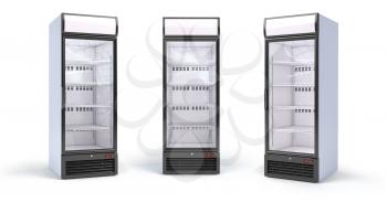 Fridge with glass door isolated on white. Set of empty showcase refrigerators in the grocery shop. 3d illustration