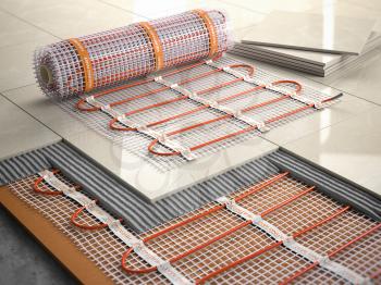 Underfloor heating installation concept. Mat elecric heating system with ceramic tiles and cement layers 3d illustration