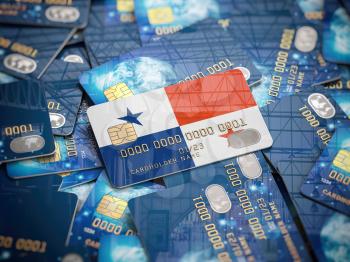Credit card of bank in Panama on the heap of other different black cards. Opening a bank account in Panama offshore. 3d illustration